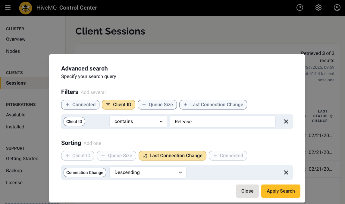 HiveMQ 4.37 Advanced Client Session Search Filtering