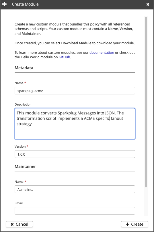 HiveMQ 4.35 Control Center Dialog create new module