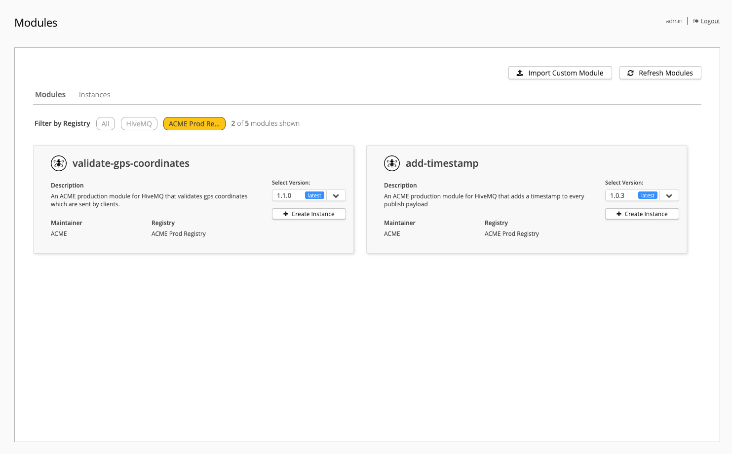 HiveMQ 4.36 view Data hub custom registry