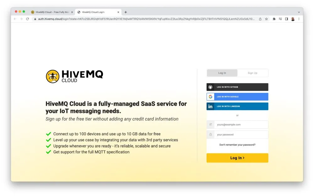 HiveMQ Cloud provide an email address and password