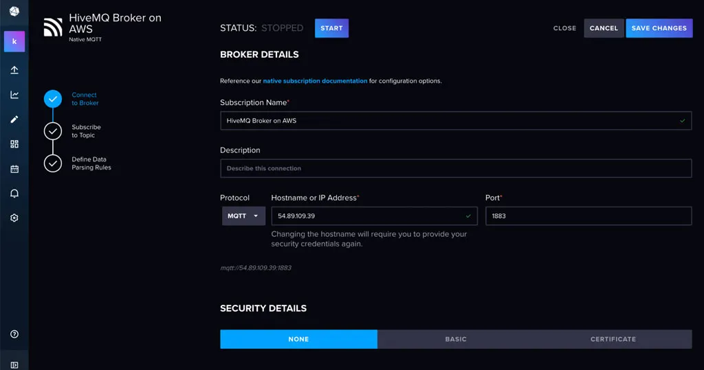 InfluxDB Cloud Native Collectors’ user interface to add Broker details