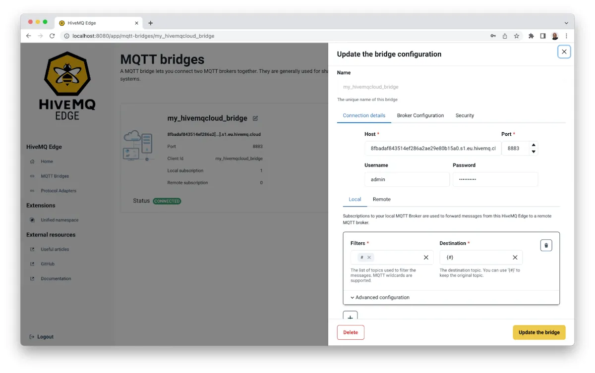indicate which MQTT topics from the local HiveMQ Edge broker you want to forward to the remote MQTT broker