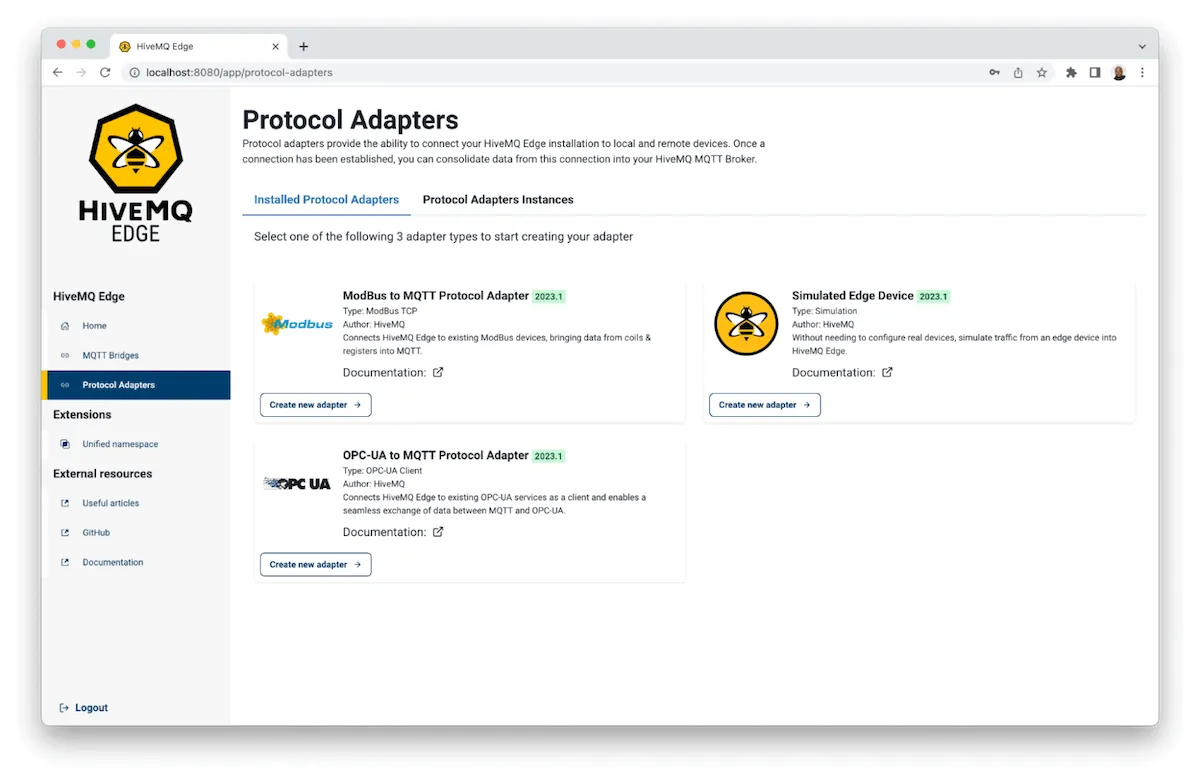 Choosing Protocol Adapters from the sidebar