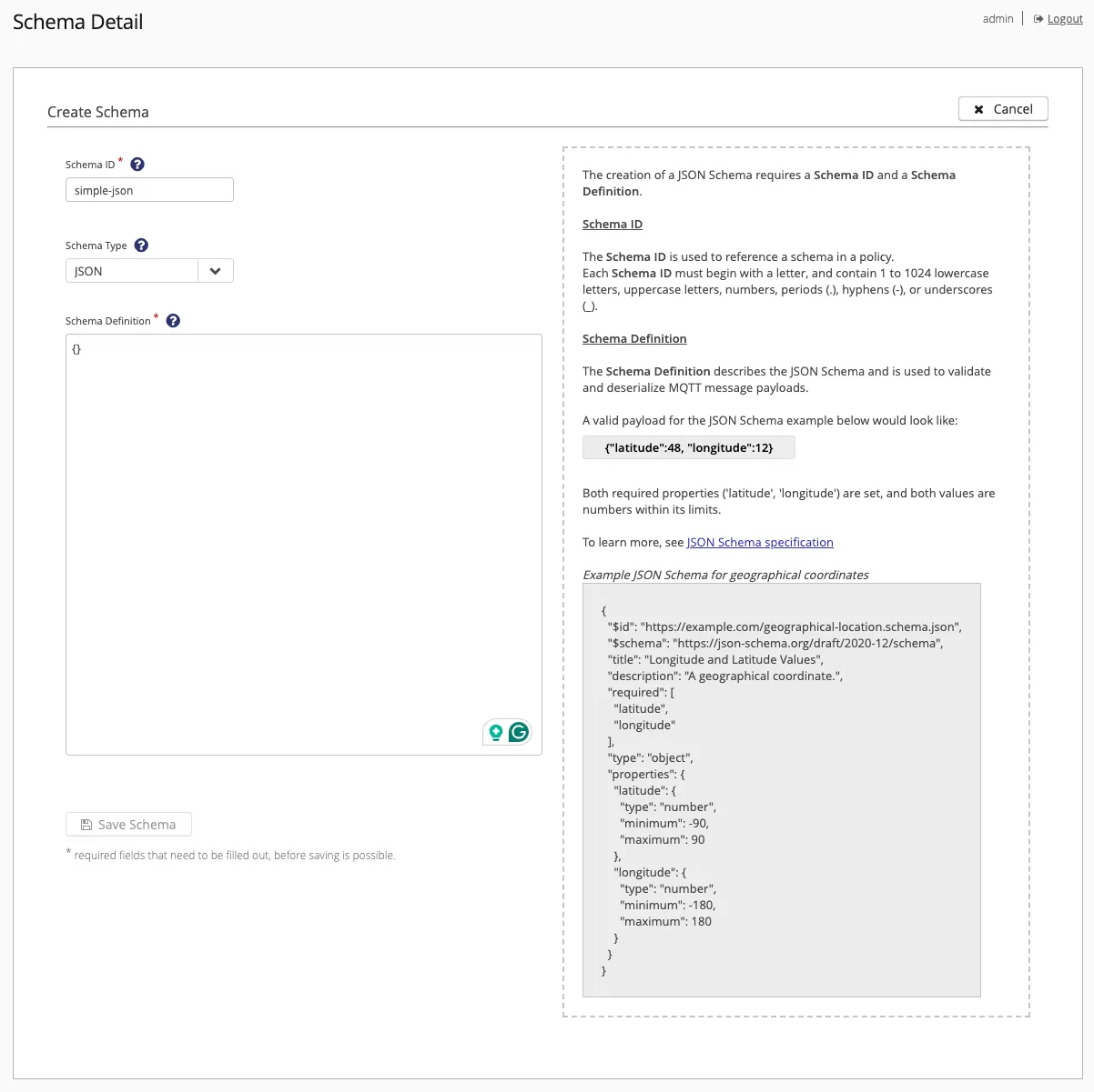 Create JSON schema in the Control Center