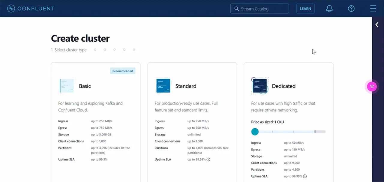 This is the screen that shows cluster creation options on Confluent Cloud