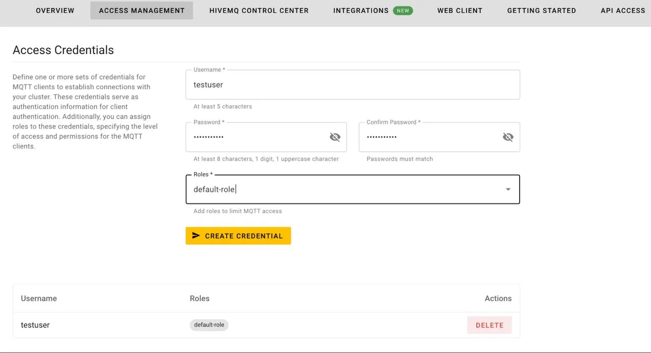 Create a credential “testuser” under the Access Management tab in HiveMQ Cloud