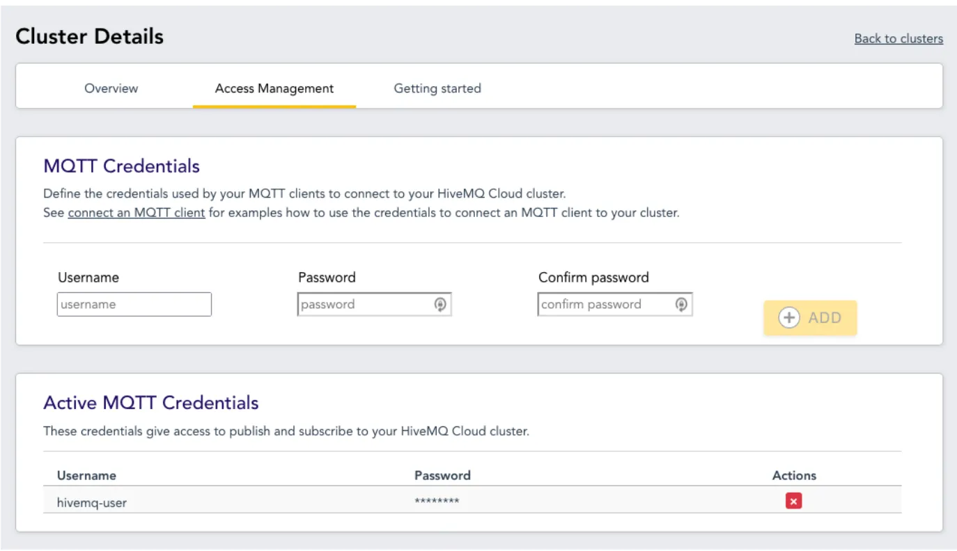 HiveMQ Cloud Access Management Tab