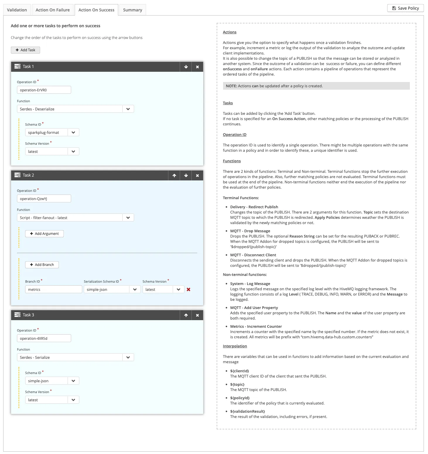 Action On Success page for the data policy in the Control Center