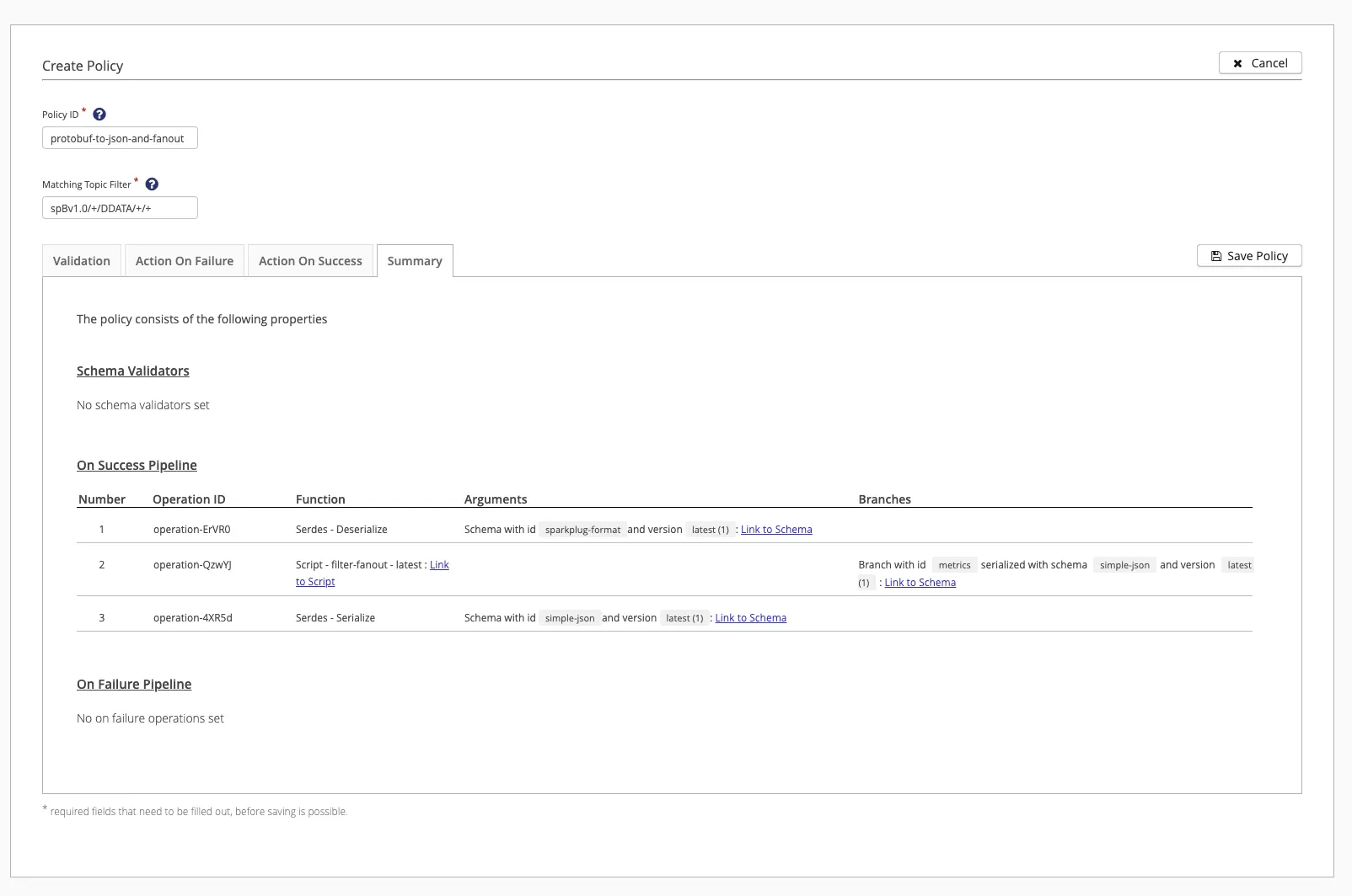 Summary page of the data policy in the Control Center