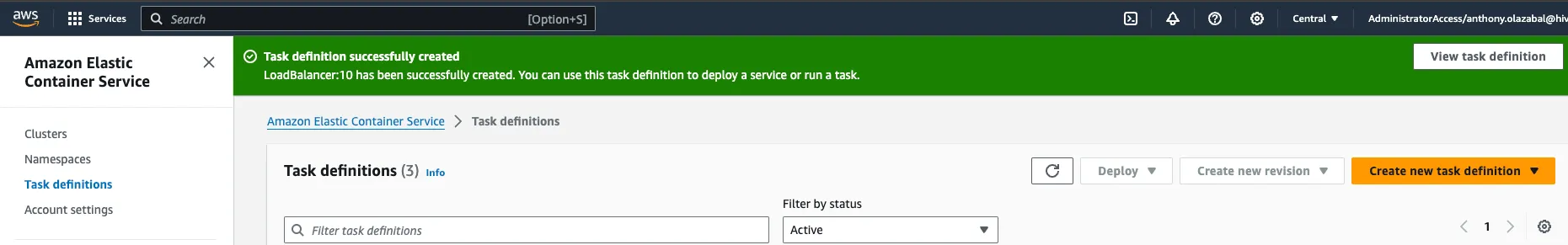 Creating new task definition on Amazon ECS Anywhere service