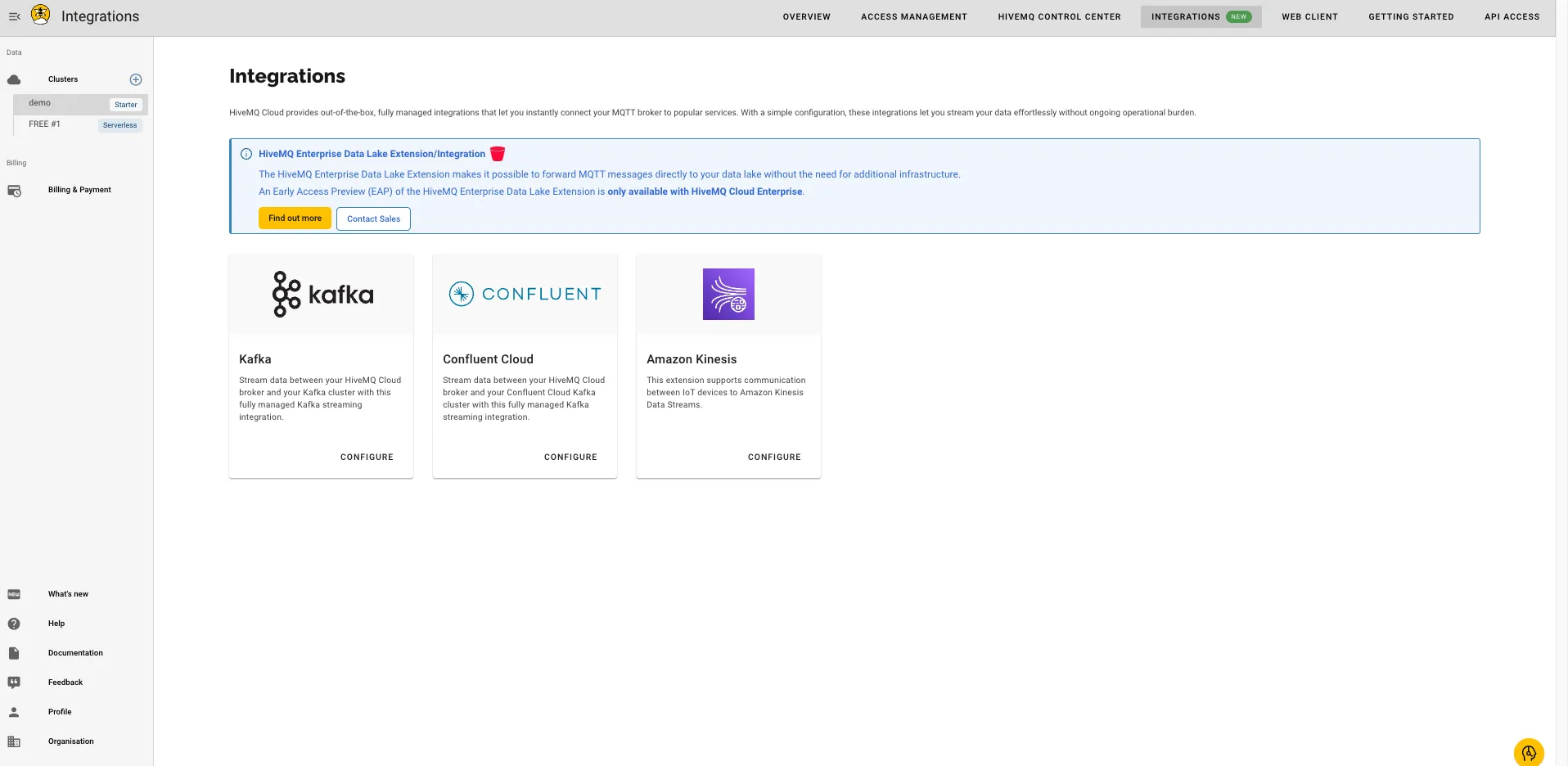 Integrations tab in HiveMQ Cloud