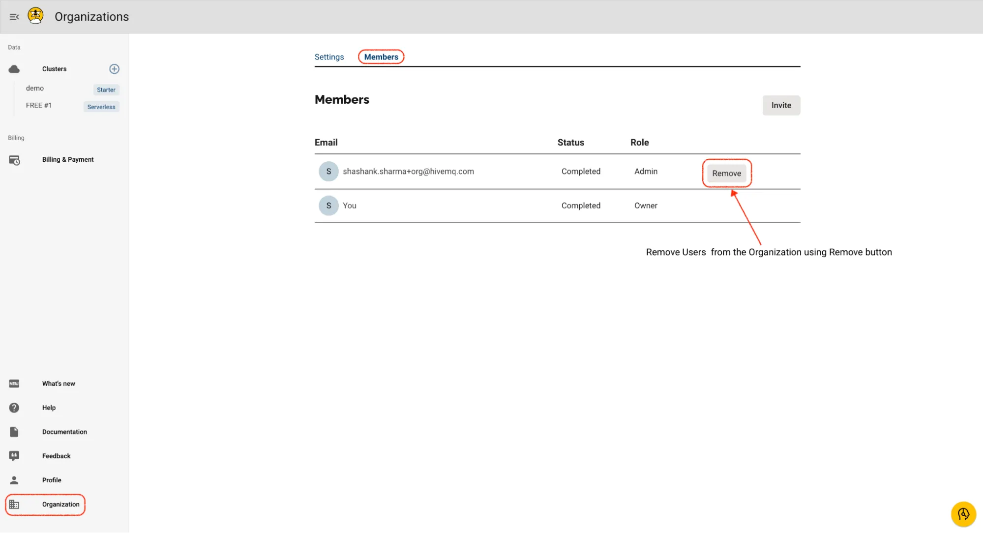 HiveMQ Cloud Organizations – Remove members from your organization by using the Remove button.