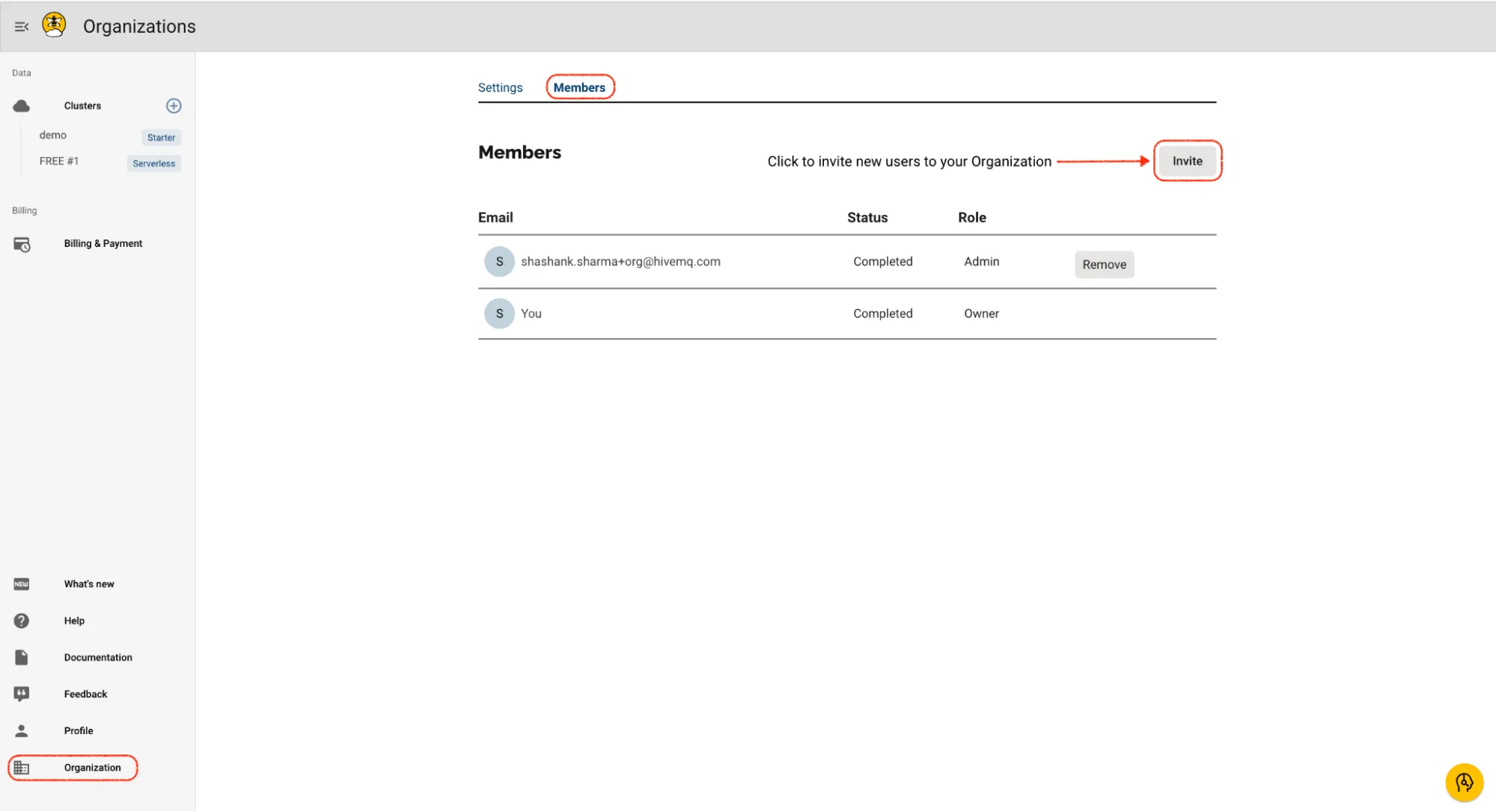 HiveMQ Cloud Organizations – Invite members to your organization by using the Invite button.