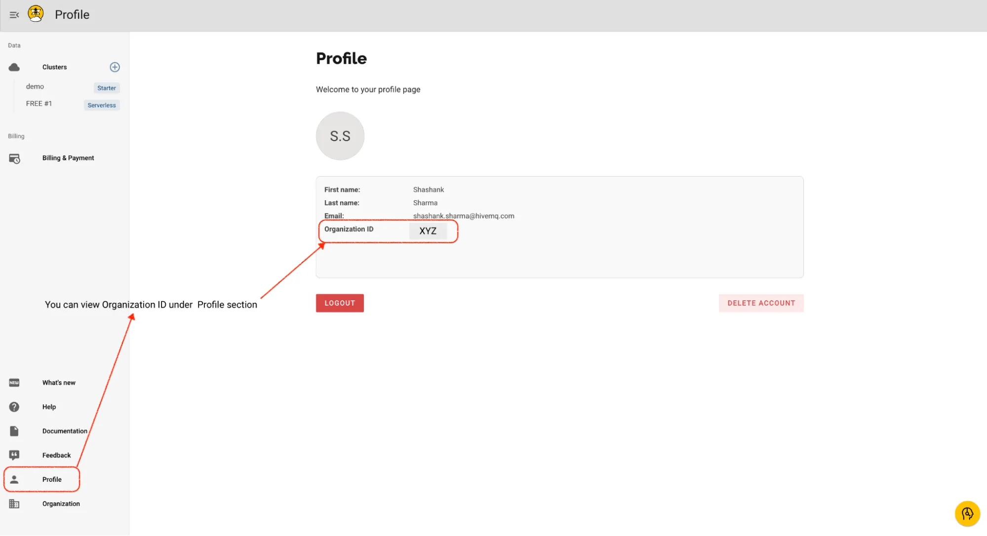 HiveMQ Cloud Organizations – Your organization ID is available under the Profile section