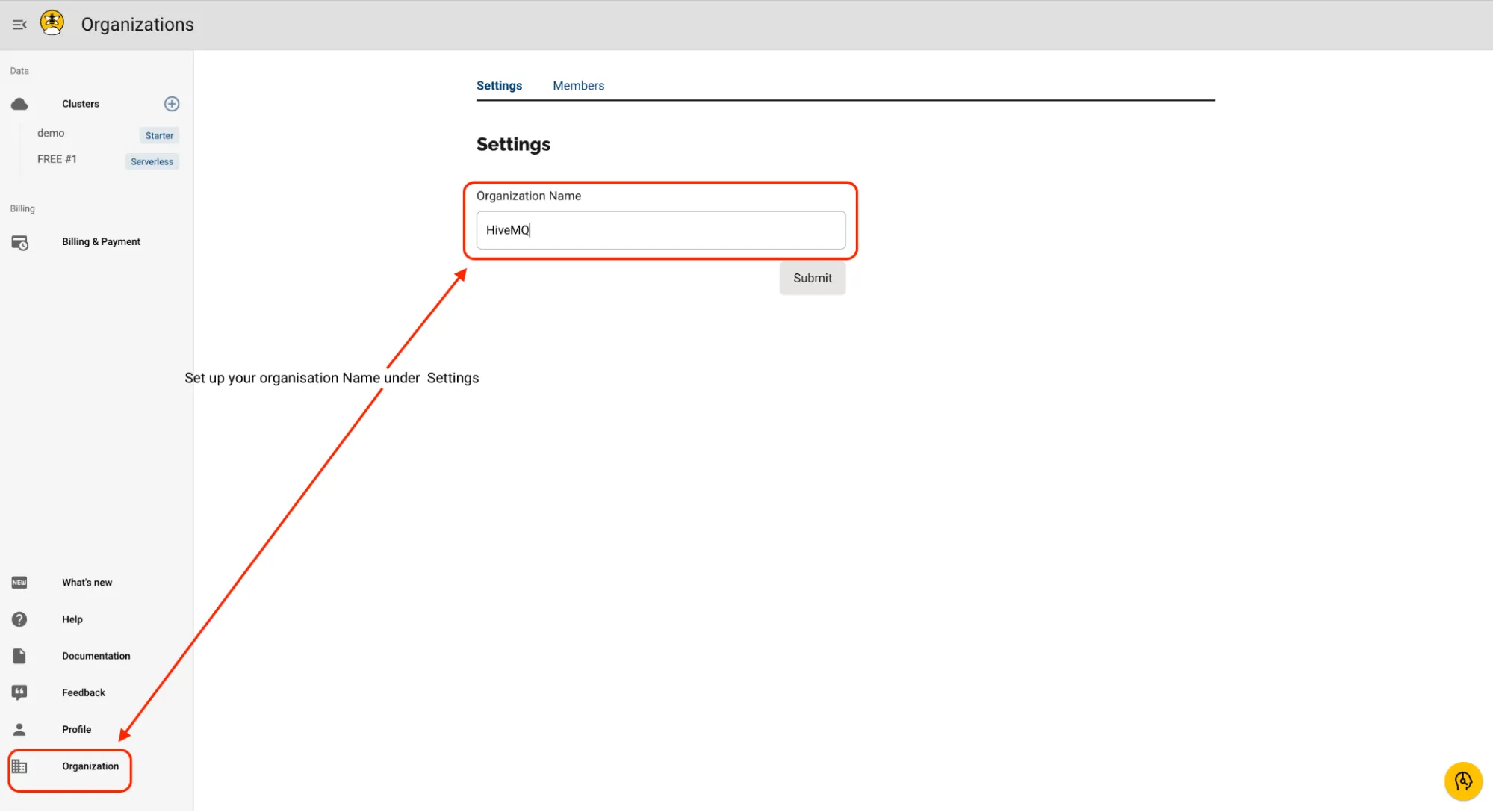 HiveMQ Cloud Organizations – Set up your organization name in the Settings tab.