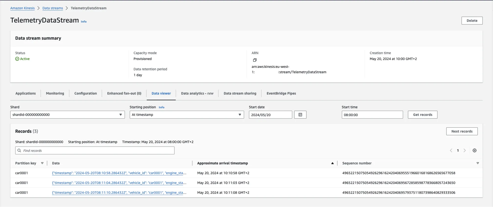 MQTT messages stored in the Amazon Kinesis Data Stream