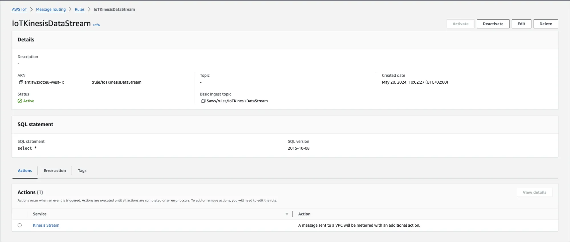 AWS IoT Rule configuration