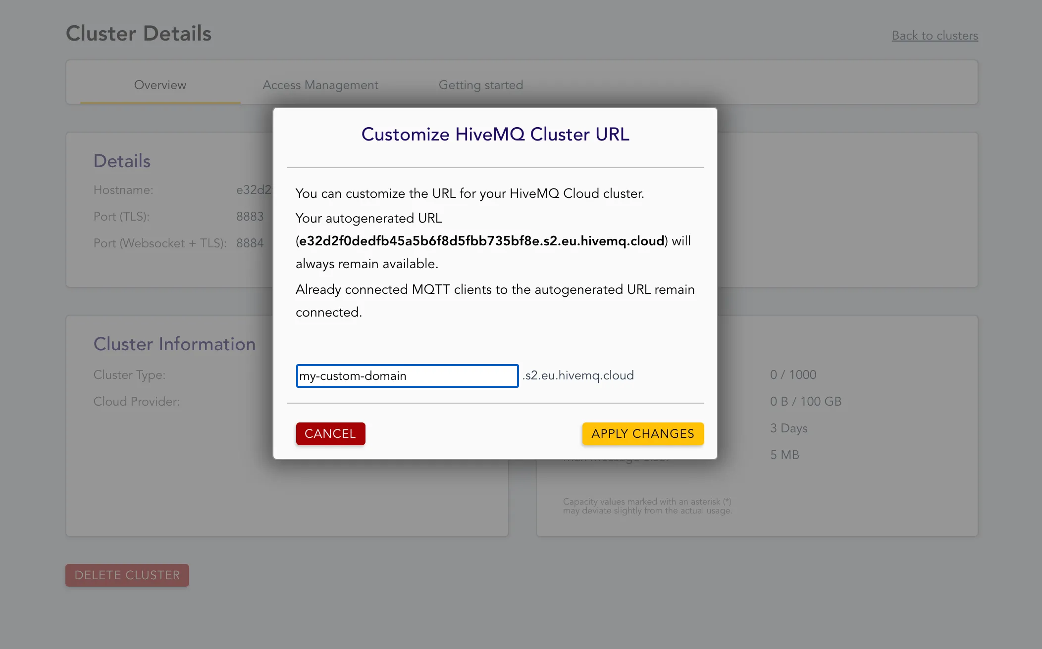 Customize HiveMQ Cluster URL