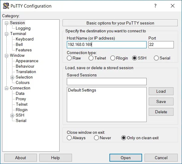 Login PuTTY Configuration