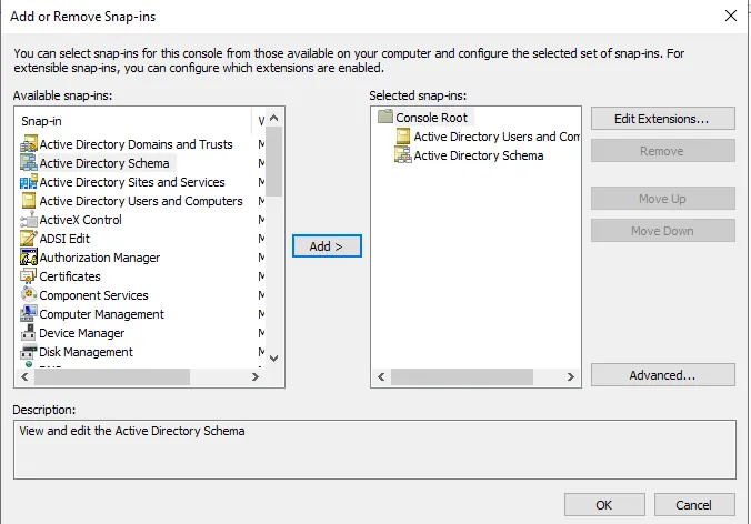 Add “Active Directory Users and Computers” and “Active Directory Schema”