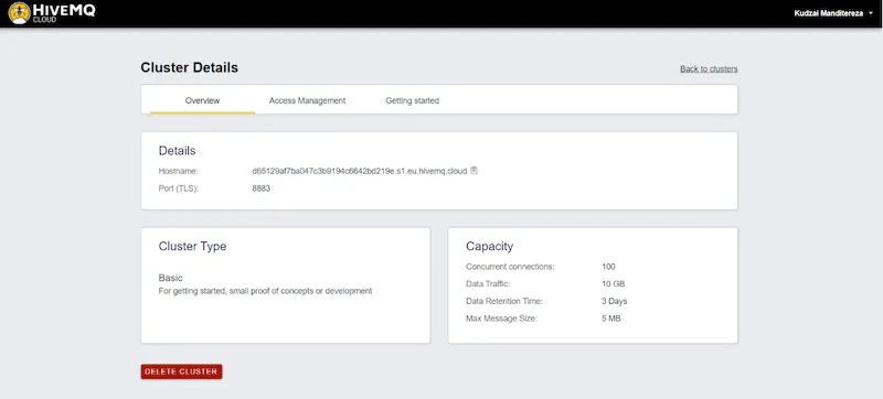 HiveMQ Cloud Cluster Details Page HiveMQ Cloud Cluster Details Page