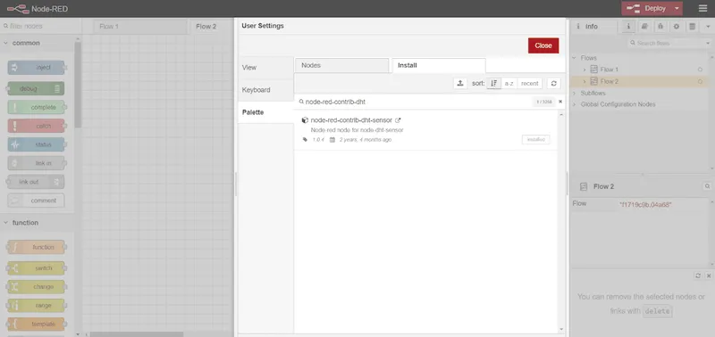 install the DHT11 Node-Red package using the Deploy menu install the DHT11 Node-Red package using the Deploy menu