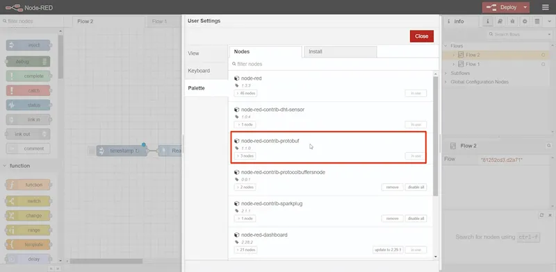 Use a protobuf node read package, which you can install by going to Deploy, then Manage palette, and then searching for node-red-contrib-protobuf Use a protobuf node read package, which you can install by going to Deploy, then Manage palette, and then searching for node-red-contrib-protobuf