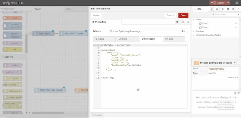 Use the output of the sensor to create a Sparkplug B object Use the output of the sensor to create a Sparkplug B object