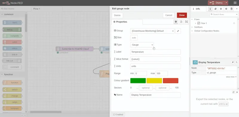 Open the Display Temperature node and get access to the Edit gauge node Open the Display Temperature node and get access to the Edit gauge node
