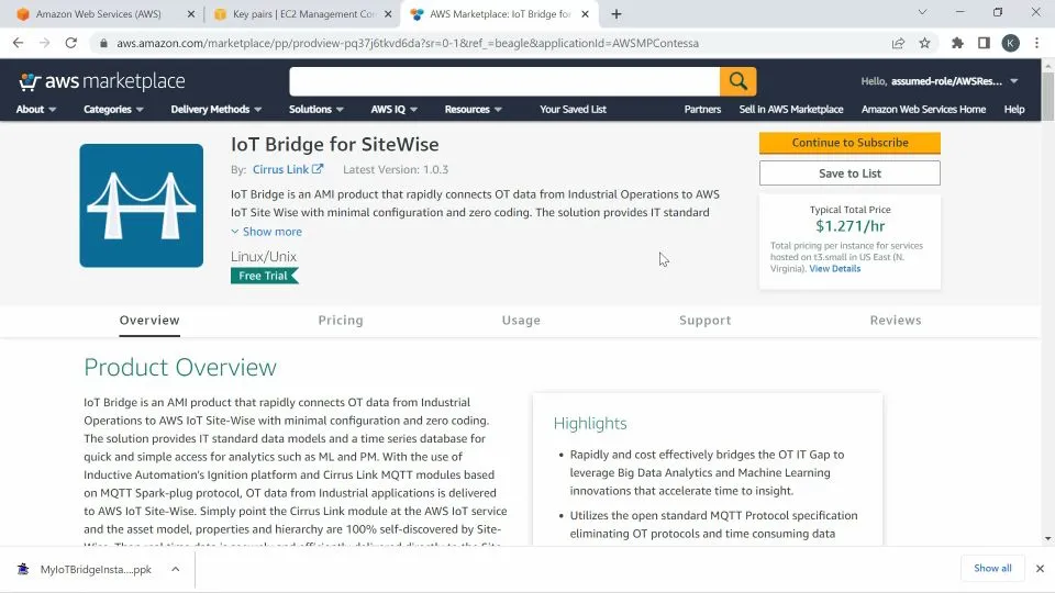 Type IoT Bridge for Sitewise and press Enter on the Amazon Marketplace web page